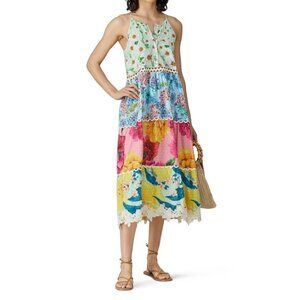 Farm Rio Women Large Floral Patchwork Tiered Midi Dress Boho Cottagecore Prairie